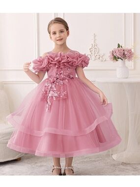 Dusty Pink Ruffled Tulle Flower Girl Dress